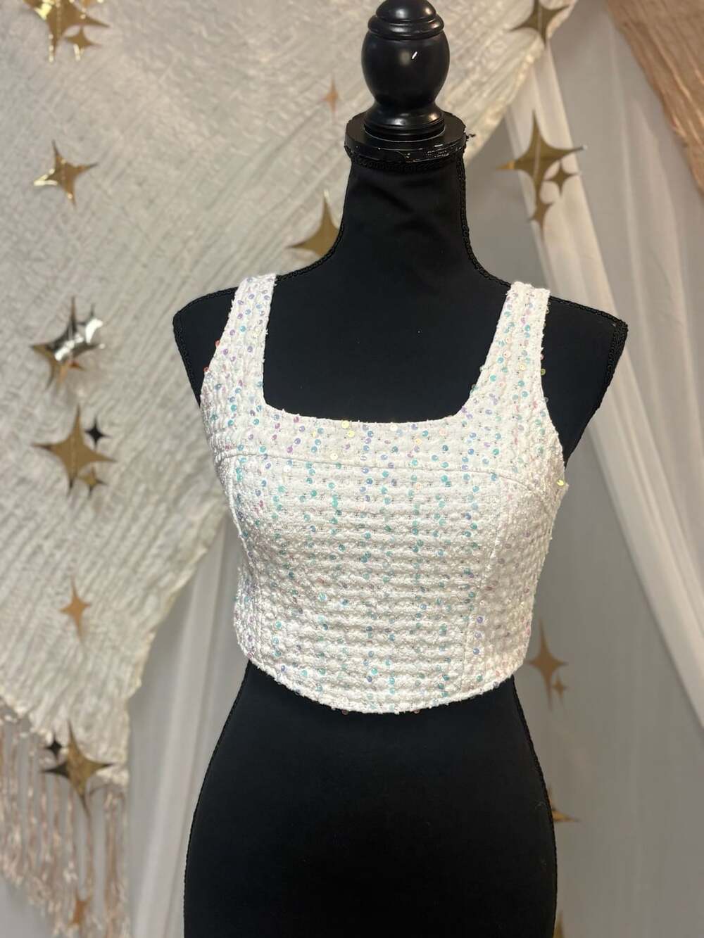Steve Madden White Sequin Tweed Crop Top